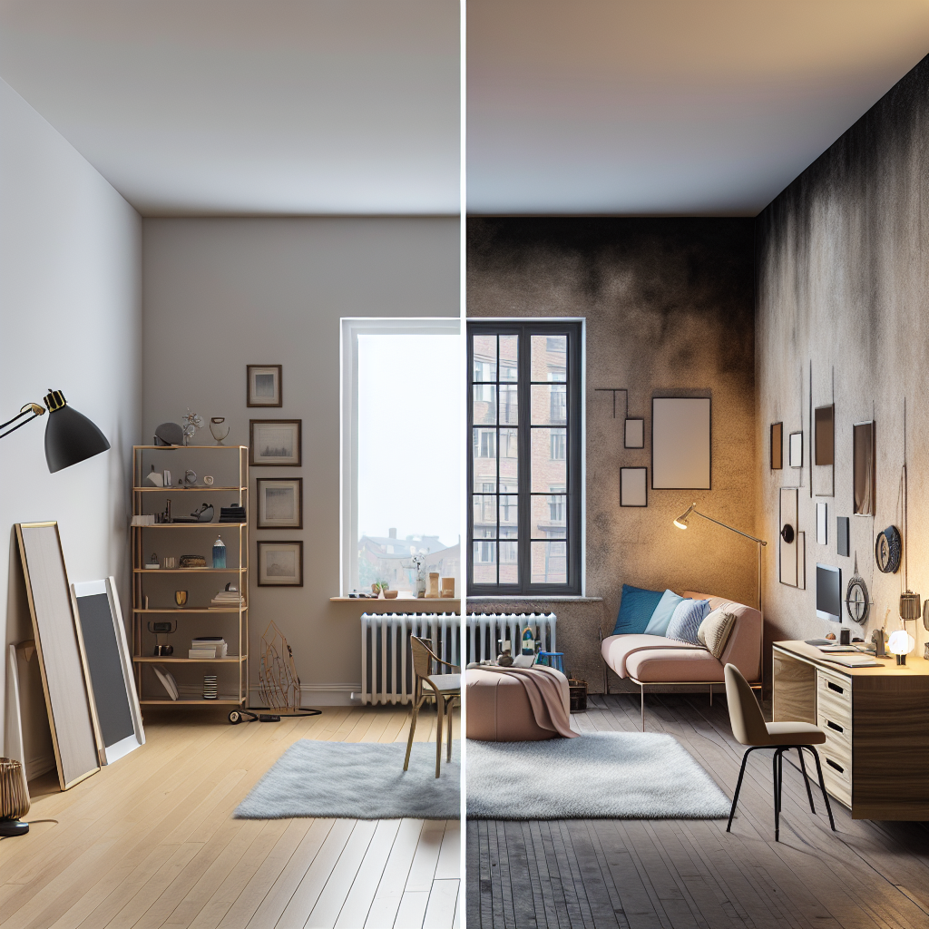 A split-screen image showing a bleak, empty room on the left and a warm, fully furnished, AI-generated interior design on the right, highlighting the transformation.