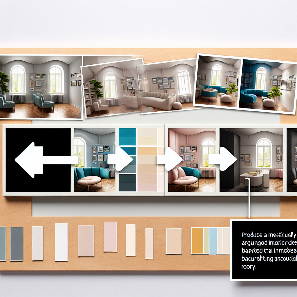 A collage showing a progression from a raw room photo to an AI-generated design, and finally to a generated color palette and furniture mood board.