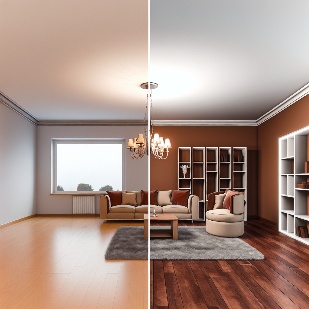 A split image showing a bare room on the left and a digital 3D visualization of the same room fully furnished on the right.