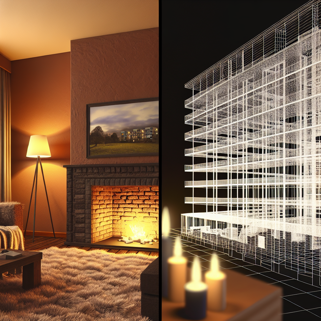 A split screen visualization showing a cozy living room render on the left and a complex wireframe BIM model of an office building on the right, symbolizing the software differences.
